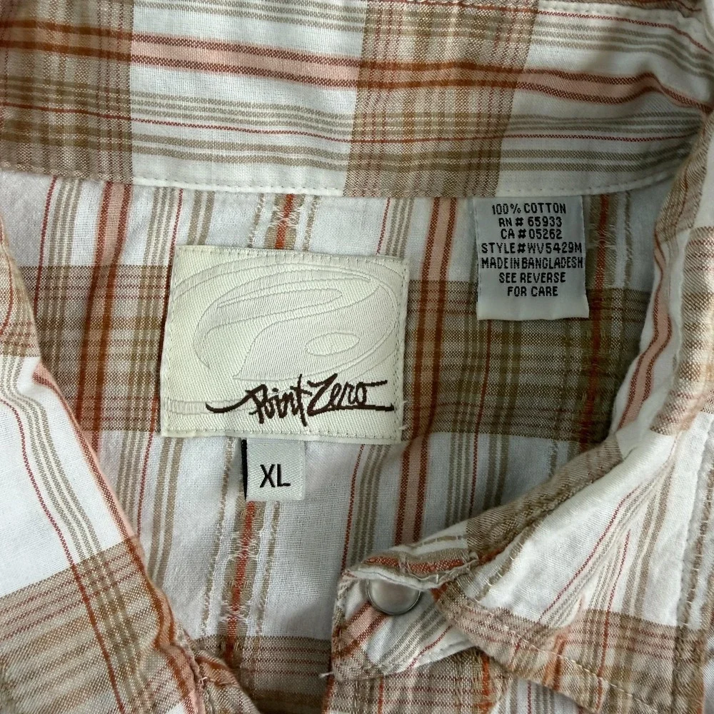Y2K Point Zero Shirt Mens XL Brown Plaid Short Sleeve Western Pearl Snap Pockets